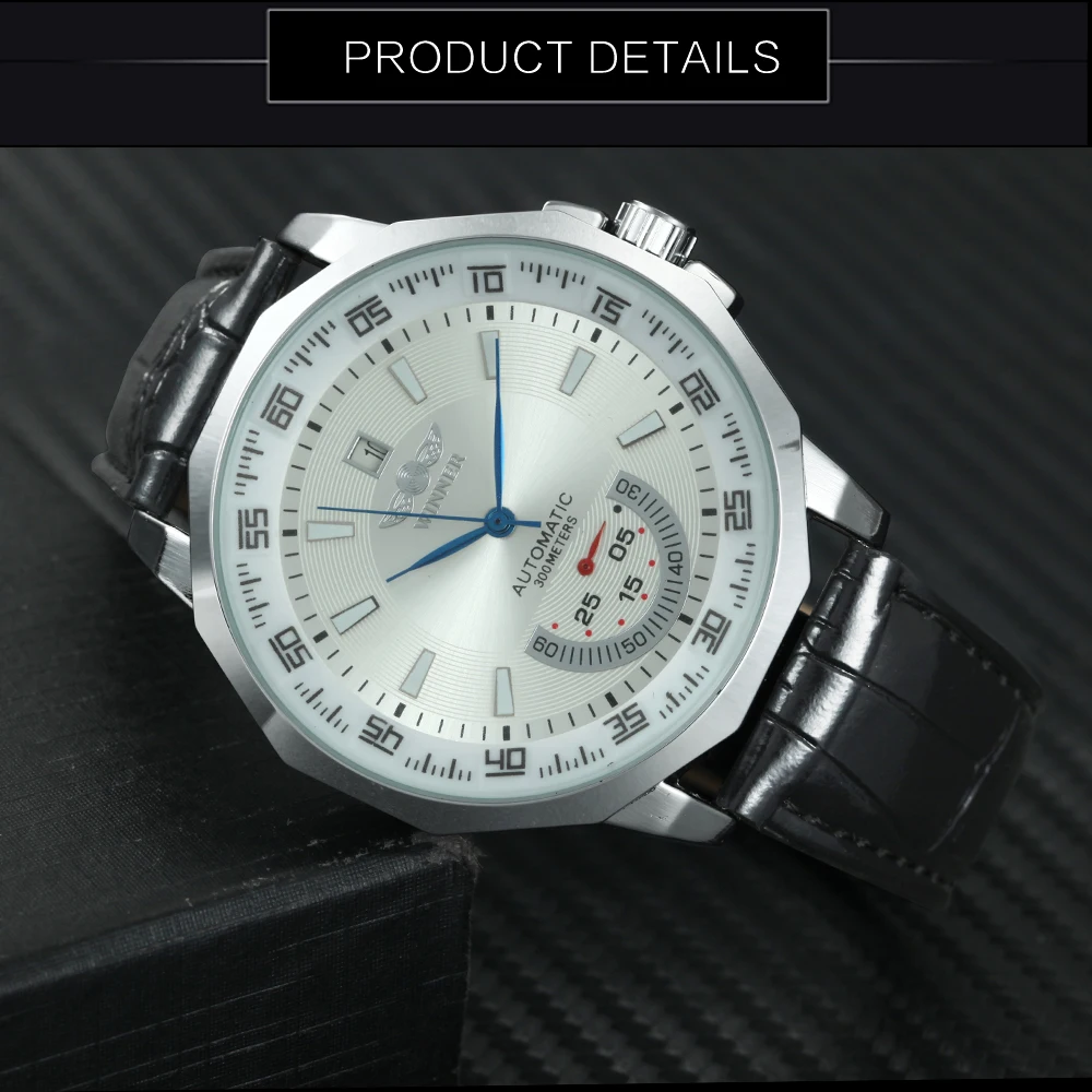 WINNER Military Sport Watch Men Auto Mechanical Working Sub-dials Calendar Blue Dial Leather Strap Mens Watches Top Brand Luxury