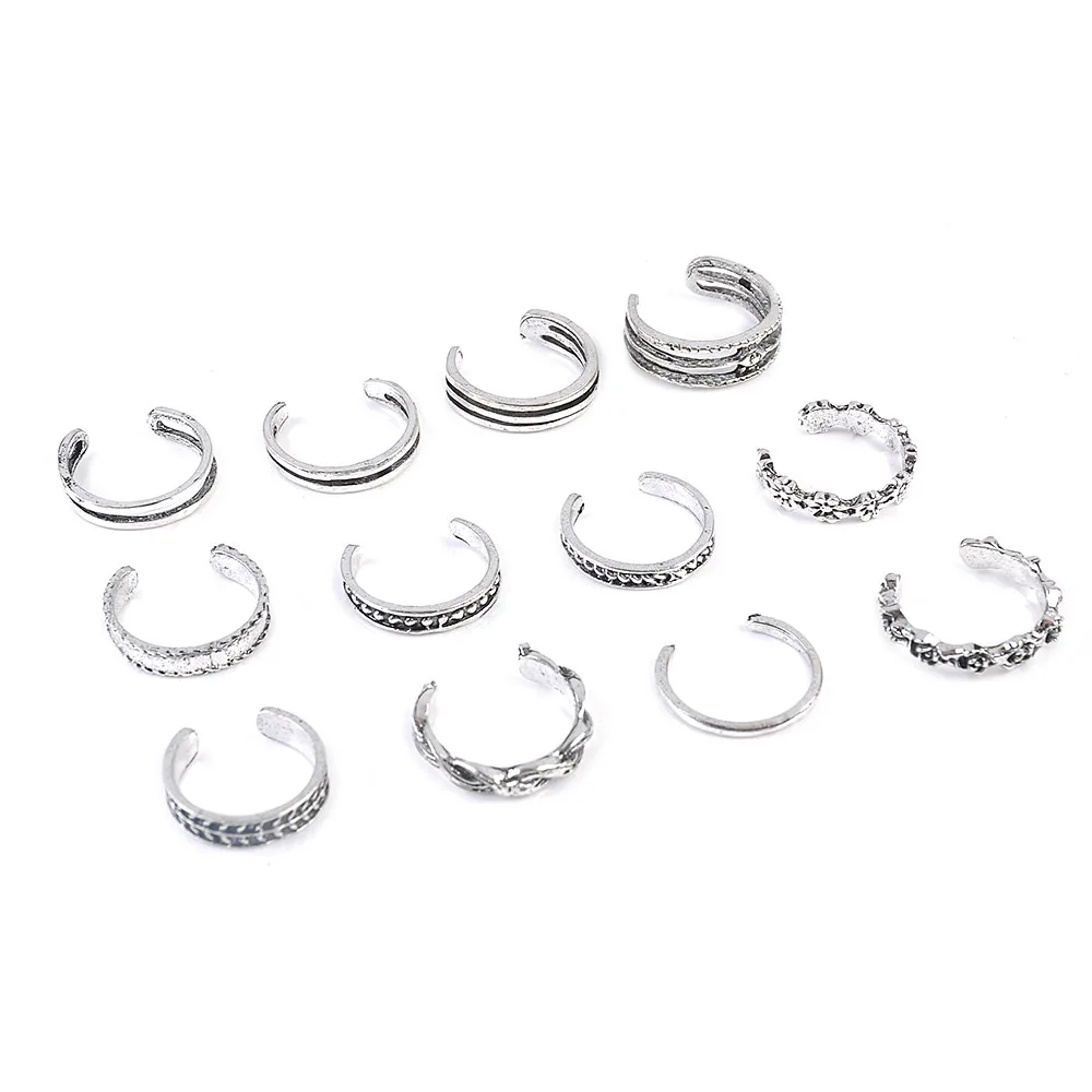 

12PCS/Set Fashion Women Lady Simple Retro Carved Flower Adjustable Open Ring Finger Ring Foot Ring Beach Jewelry