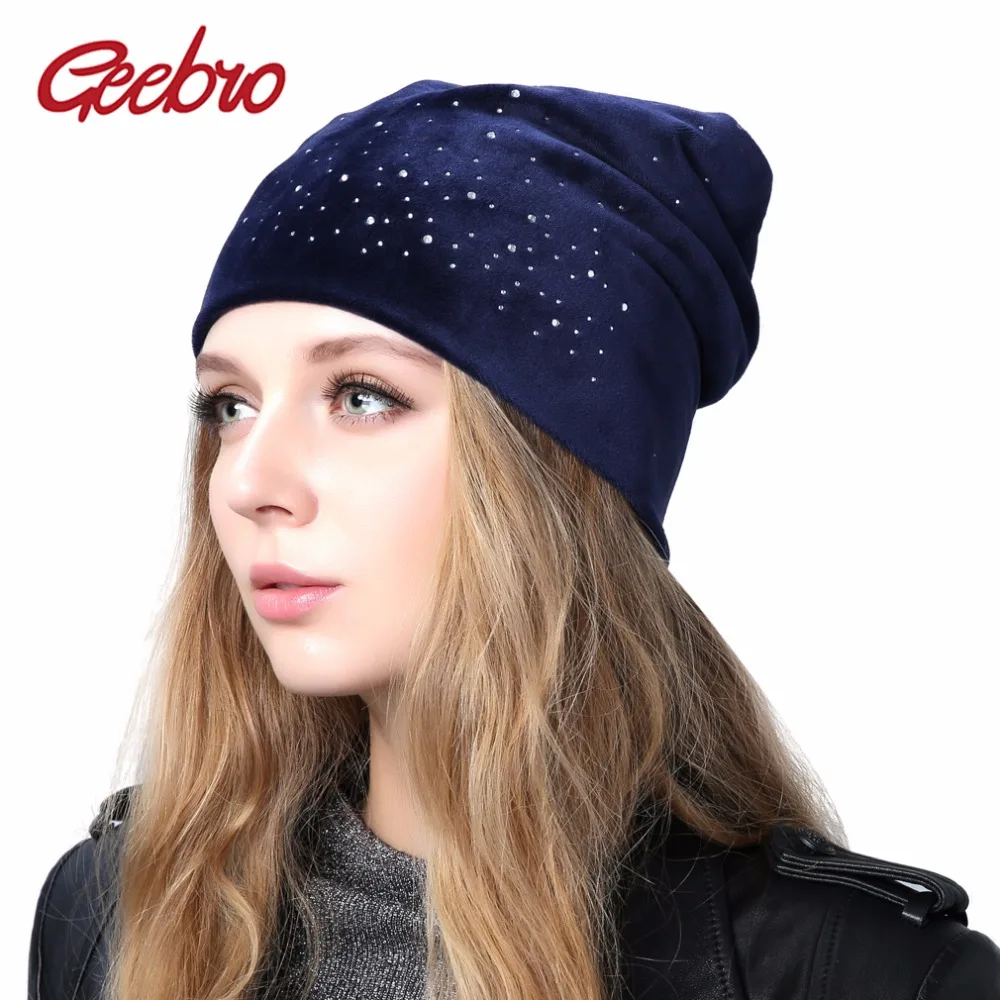 

Geebro Women's Velour Rhinestones Beanies Hat 2018 Spring Polyester Slouchy Beanie for Women Plain Color Skullies Bonnet Cap