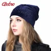 Geebro Women's Velour Rhinestones Beanies Hat Spring Polyester Slouchy Beanie for Women Plain Color Skullies Bonnet Cap 1