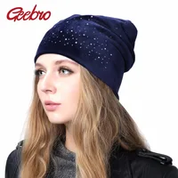 Geebro Women's Velour Rhinestones Beanies Hat Spring Polyester Slouchy Beanie for Women Plain Color Skullies Bonnet Cap 1