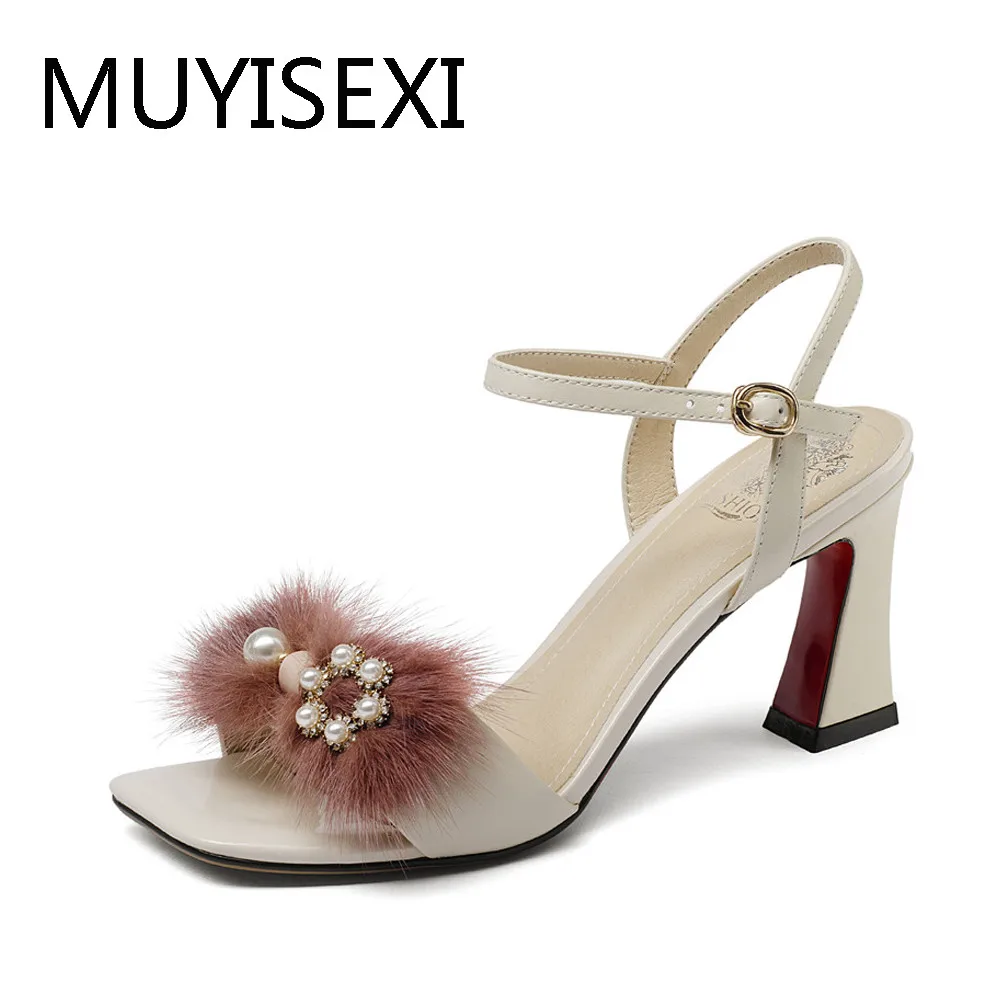 

Cow Leather Womens Sandals Summer 7.5 cm Hoof High Heels Open Toe Ankle-wrap Crystal White Pink plus size 34-43 HY06 MUYISEXI