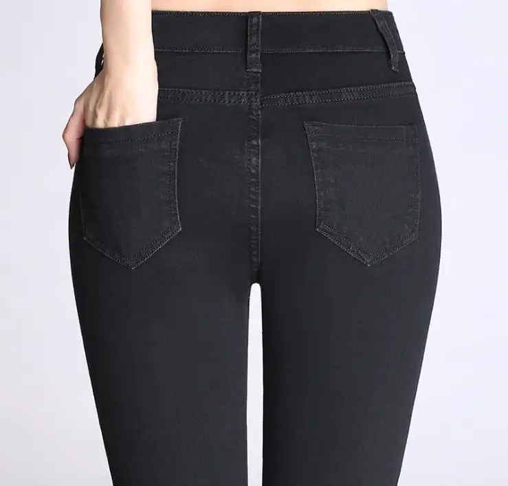 Высокое качество талии черный винтажные женские джинсы женские тонкие черные расклешенные джинсы