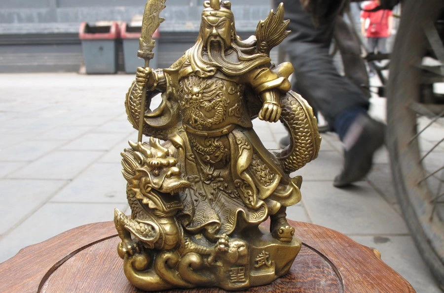 

6 "Китайский чистый латунный резной Меч дракона Guan gong gest Статуя Воина