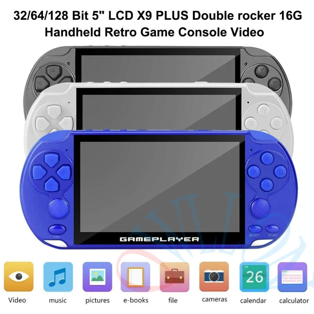 NEW 32/64/128 Bit 5" LCD X9 plus Double rocker 16G Handheld Retro Game Console Video MP5 TF Card for GBA/NES 10000 games