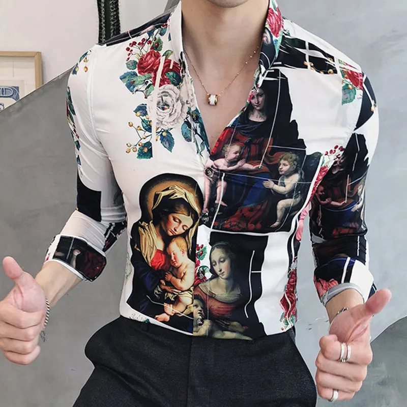 Мужская рубашка с длинными рукавами и принтом, приталенные рубашки с отложным воротником, топы с одной грудью и пуговицами, 2019 модная