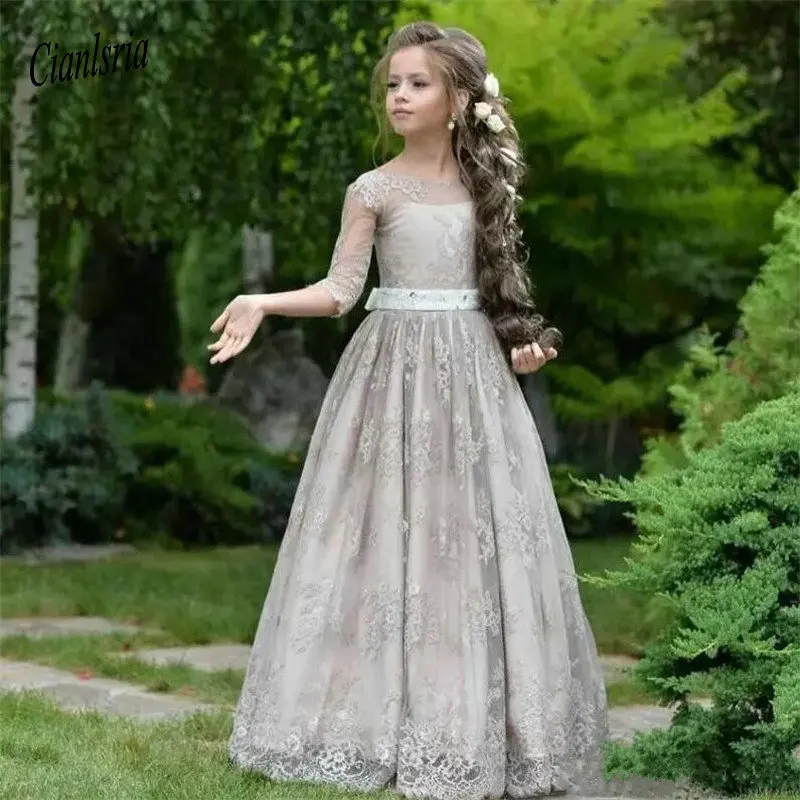 Новое серое мягкое кружевное платье с цветочным узором для девочек, для свадьбы в саду, с аппликацией, Сетчатое платье для выпускного