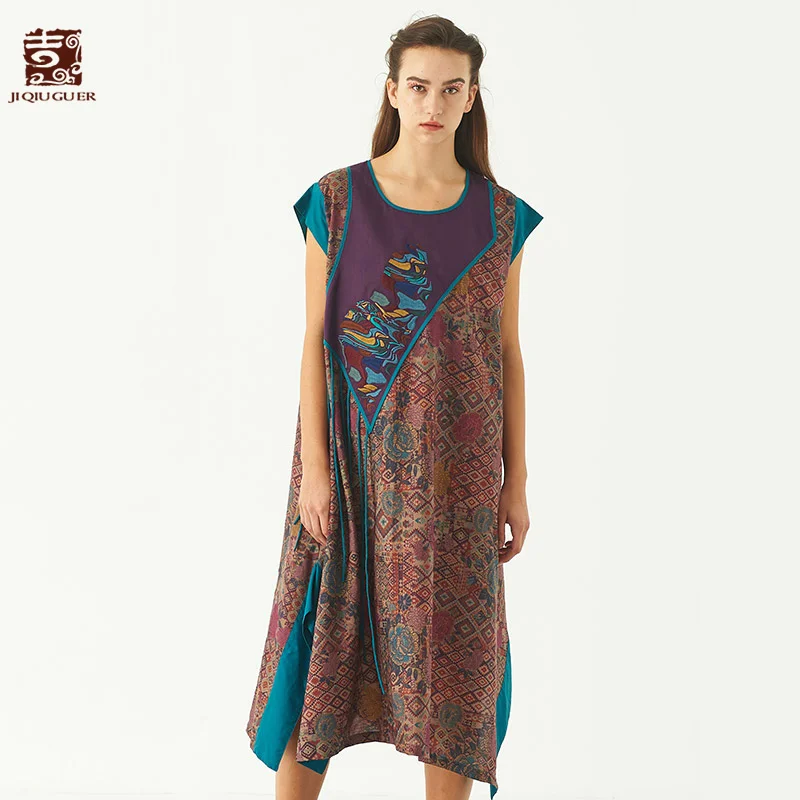 

Jiqiuguer Women Summer Green Floral Casual O-Neck Dresses Tassels Embroidery Pockets patchwork Print Mid-Calf Vestidos G182Y038