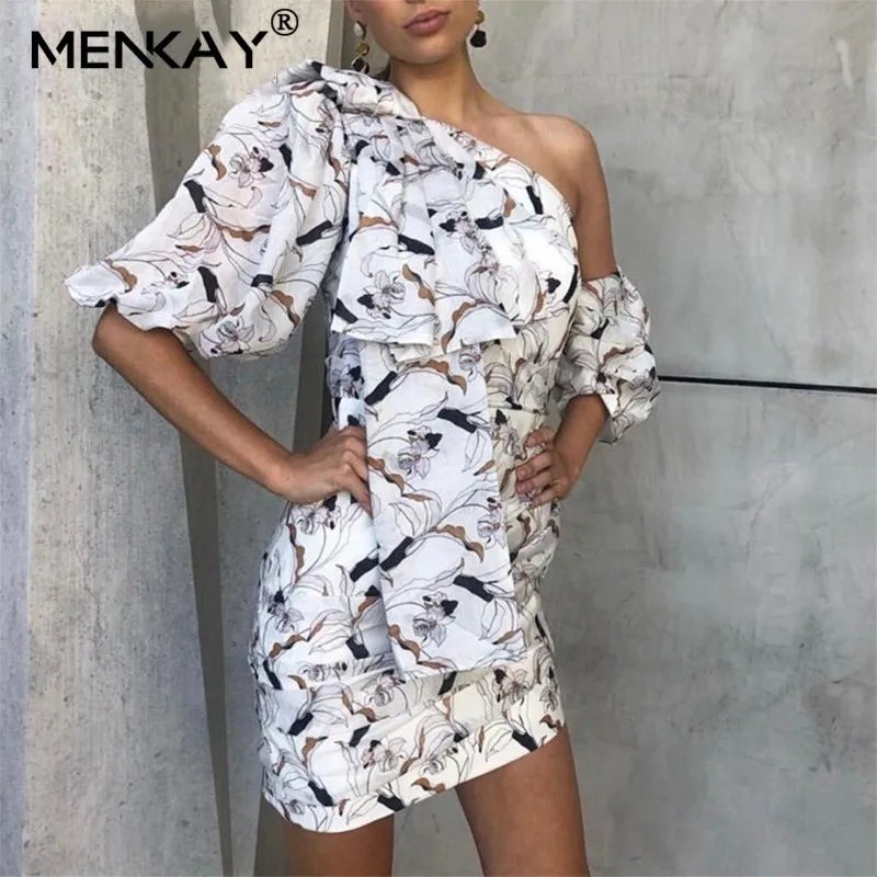

[MENKAY] Summer Print Off Shoulder Female Dress Asymmetrical Collar Puff Sleeve High Waist Mini Beach Dresses Female 2019 New