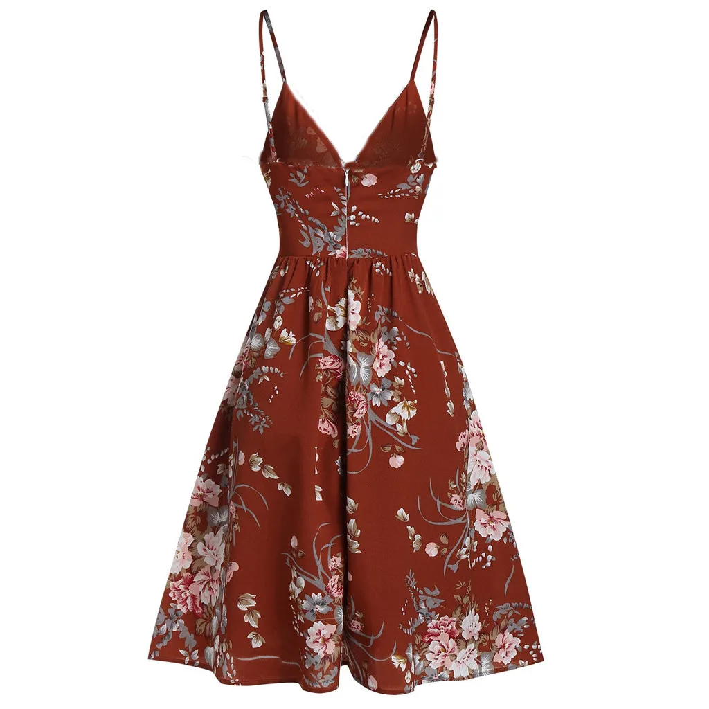 Summer Fashion Women Dress Elegant Casual Floral Printing Strap Sleeveless Backless V Neck Knee Length Vestidos Flexible OY41