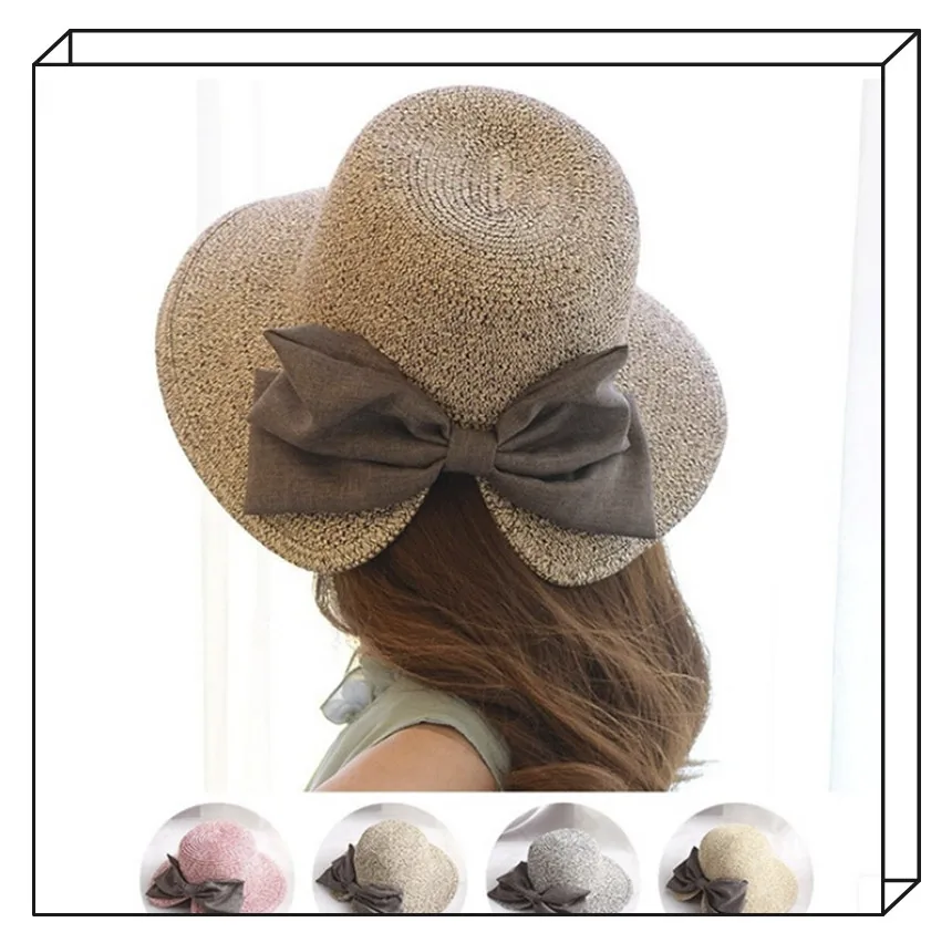 Lady Bowknot Straw Hat Shading Sun Cap Wide Brim Students Fresh Foldable Sun Protection Visor Femme Cap