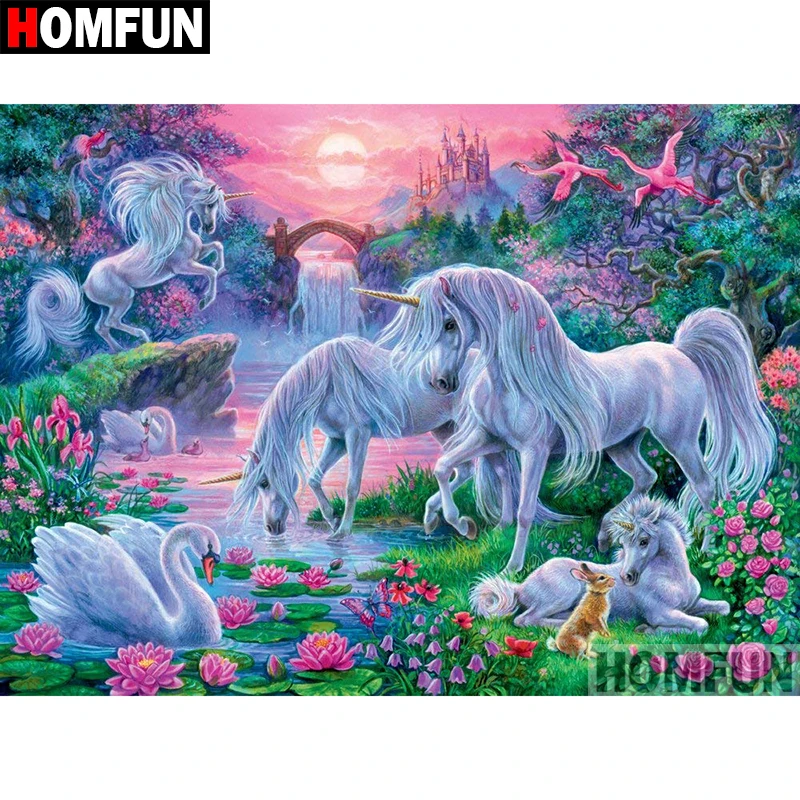 Алмазная живопись HOMFUN Единорог и Лебедь вышивка крестиком фото на заказ