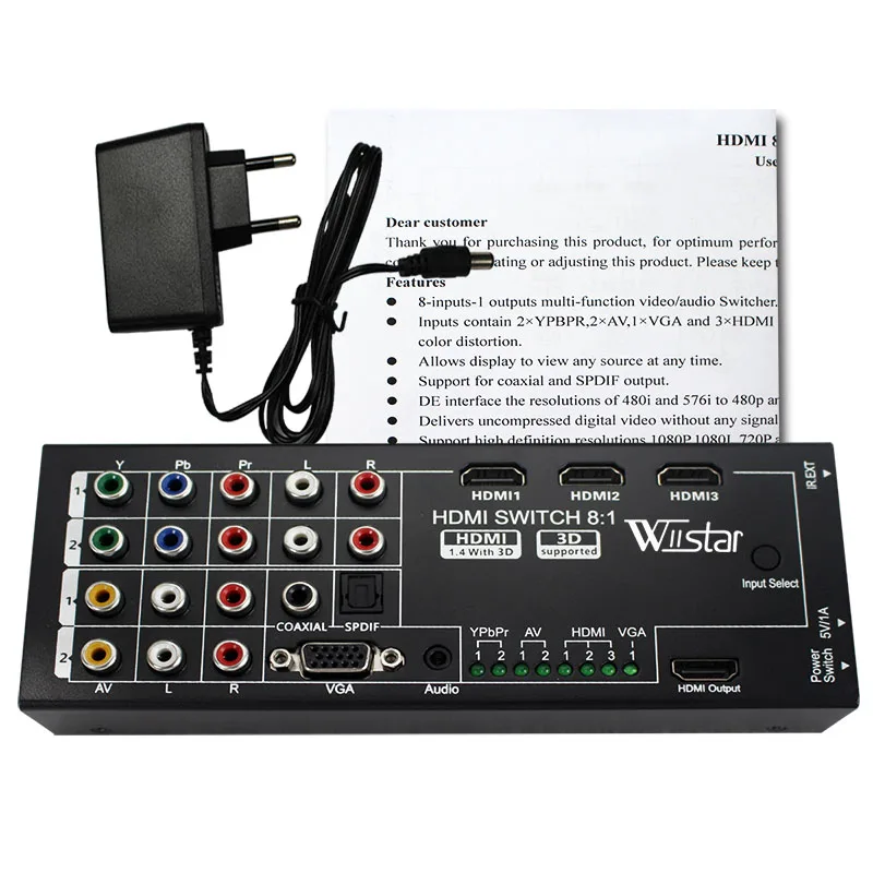 Wiistar Многофункциональный HDMI конвертер коммутатор 8 Вход к HDMI + коаксиальный + spdif выход Поддержка 3D и объемный звук для 1080 P HDTV