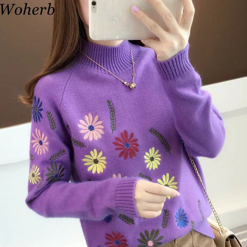 

Woherb Ladies Turtleneck Sweater Women Elegant Flower Embroidery Knitting Pullovers 2019 Winter Clothes Pull Femme 20283