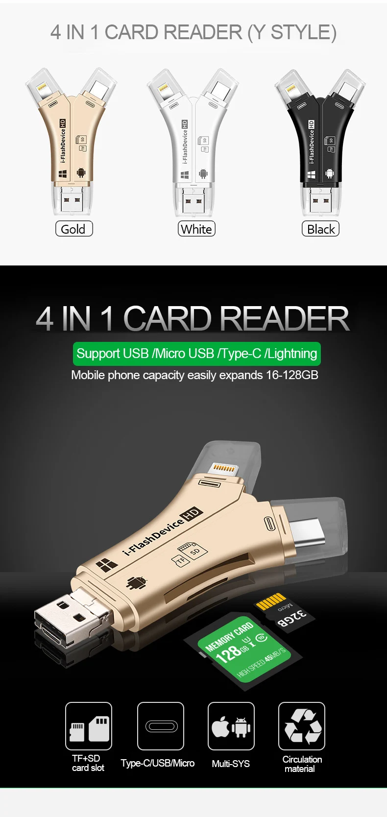 UTHAI C11 4в1 кардридер usb-C Micro USB MicroSD мульти кардридер для Android ipad/iphone 7plus 6s5s MacBook OTG TF SD адаптер