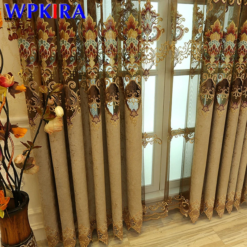 

Luxury Chenille European Style Coffee Semi-blackout Curtains for Living Room Embroidered Tulle Fabric Drapes for Bedroom WP017-4
