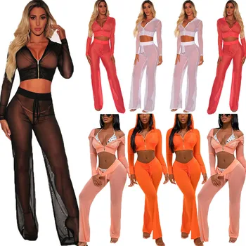 

2019 Women Sexy Swimwear Swimsuit Two Piece Suits Sheer Mesh See Through Zipper Hooded Crop Top Long Pants Cover Up Wrap