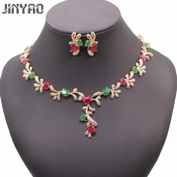 

JINYAO Luxury Green&red Stone AAA Zircon Gold Color Necklace Earrings Set For Women Wedding Accessories Jewelry