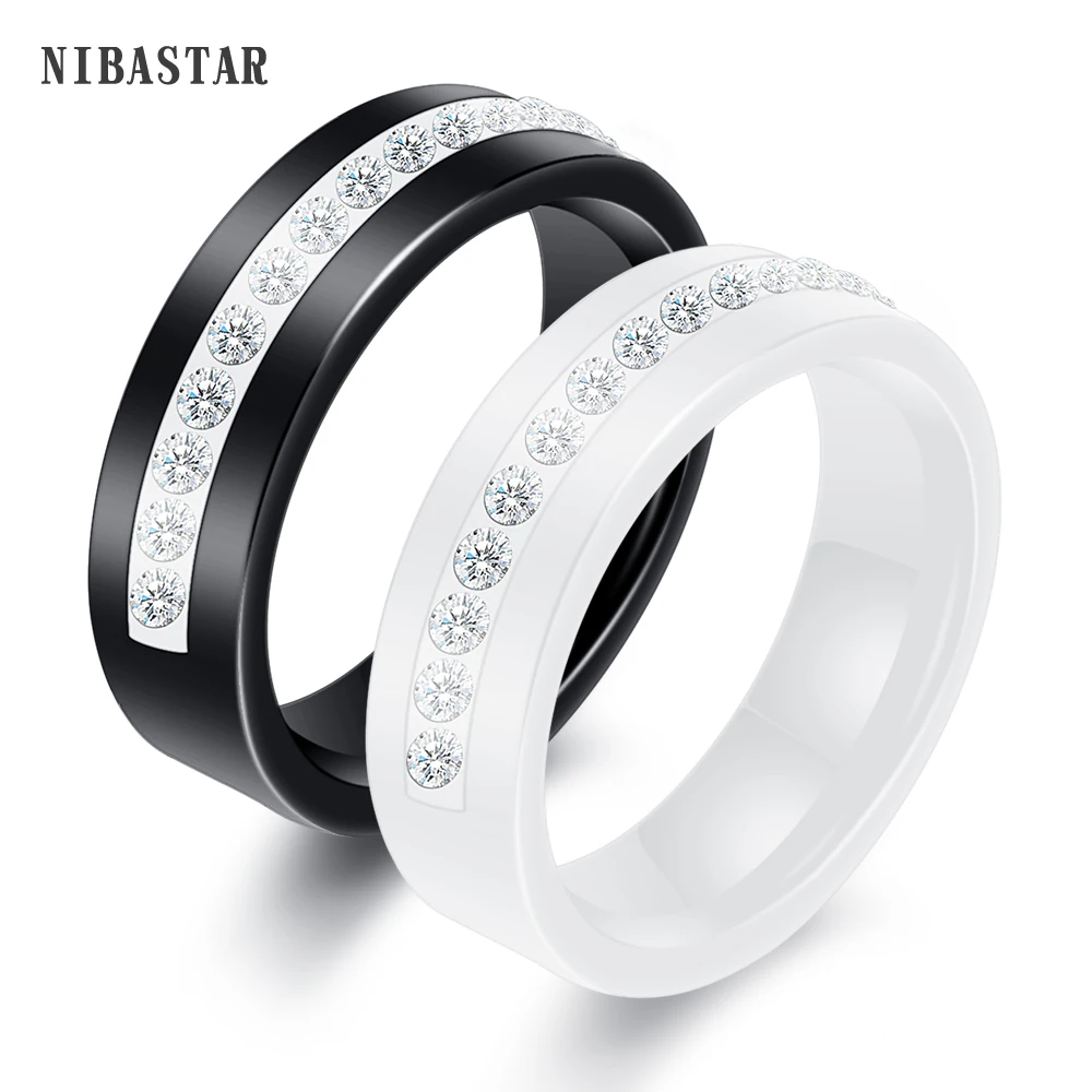 Wedding Rings for Women Men Couple Promise Band 6mm Wide One Row Bling Cubic Zircon Ceramic Rings Anniversary Engagement Jewelry