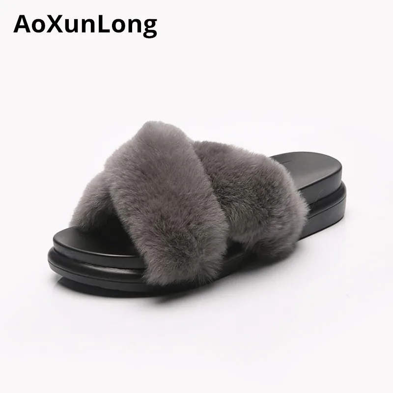 

AoXunLong New Cross Rabbit Fur Slippers Women Thick Foundation 4cm Outdoor Women Slippers Hairy Fur Slides Wedges Shoes Woman