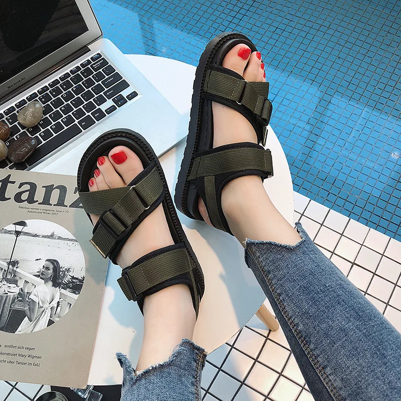 

Black Sandals Woman Flyknit Solid Women's T-Strap Wedges Sandals Air Mesh Low Heel Sandal Shoes For Summer Ladies Student