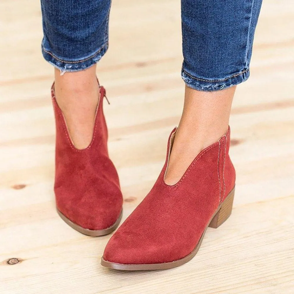 Женские ботильоны на квадратном низком каблуке; разноцветные замшевые ботинки; ботинки на молнии; обувь с круглым носком;# XTN - Цвет: Красный