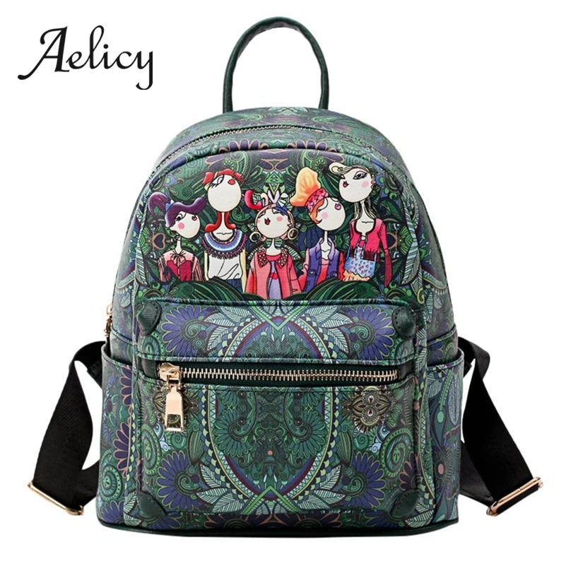 

Aelicy Women Backpack Leisure Student Shoulder School Bag PU Leather Waterproof Female Rucksack Cartoon Pattern Fashion New