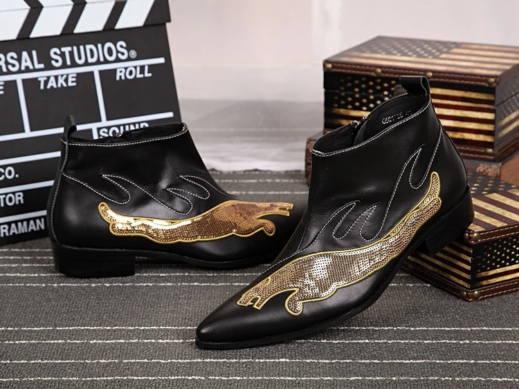 

Glitter Sliver Gold Mens Ankle Boots Shoes 2018 Autumn Winter Male Wedding Party Dress Shoes Genuine Leather Motorcycle Boots