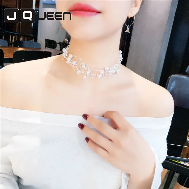 

Romantic Imitation Pearl White Multi-layer Necklace Gypsophila Fishing Line Clavicle Chain Torques Necklace Wedding Jewelry