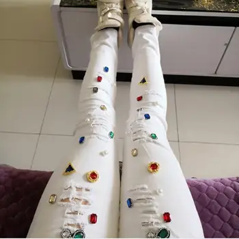 

2018 spring summer white diamond fashion women hole skinny beading pencil jeans plus size 25-30