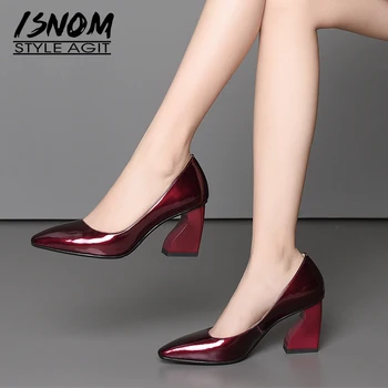

ISNOM Unusual Heel High Pumps Women Square Toe Footwear Shallow Office Shoes Female Patent Leather Shoes Woman Spring 2019 New