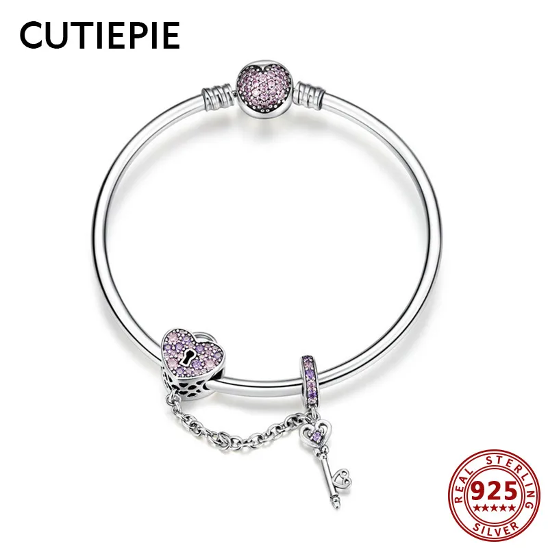 

CUTIEPIE 100% Real 925 Sterling Silver Heart Lock Key Bracelets for Women CZ Crystal Luxury Chain Link Bracelets Jewelry Gifts