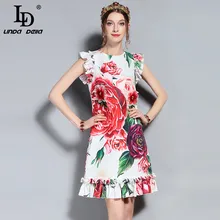 ФОТО ld linda della new 2018 fashion runway summer dress women's sleeveless vest ruffles peony floral printed appliques elegant dress