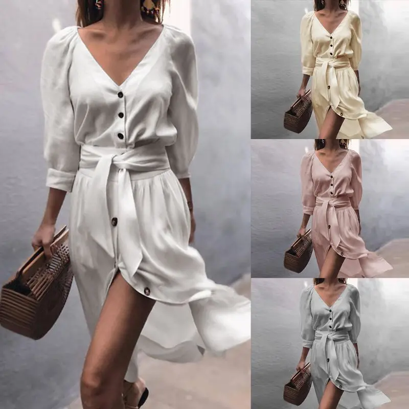 

Women Half Sleeve Button Up Long winter dress V-Neck Lace Up Sashes Loose Solid vestidos de fiesta party dress
