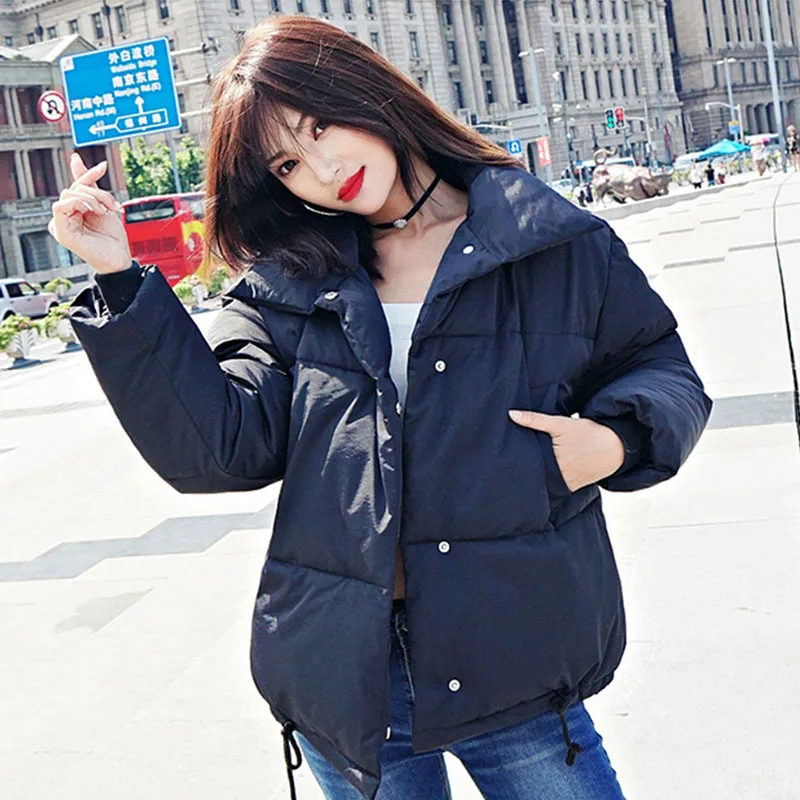 Корейский стиль, зимняя куртка и пальто для женщин, однобортные пуговицы, короткая стеганая верхняя одежда, Женское пальто, модные куртки-пузырь - Цвет: Черный