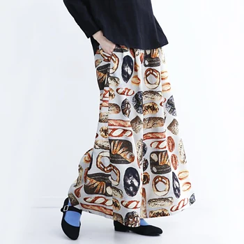 

Harajuku Design Wide Leg Pants High Quality Women's Chiffon Pant Capris Vintage 2018 Elastic Waist Bread Printing Full Length