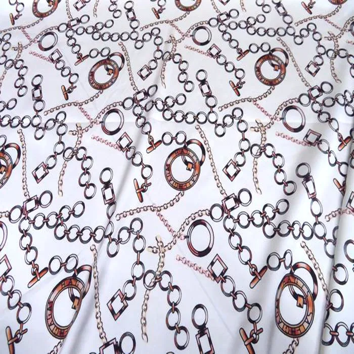

140cm Width 19mm Chains Print White Mulberry Silk Stretch Satin Fabric for Woman Summer Dress Blouse Sewing-BF030