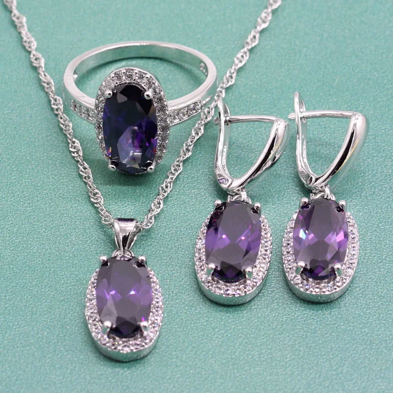 

Silver 925 Jewelry Sets for Women Purple Crystal Necklace Earrings Dangler Engagement Rings Bracelets for Women Dropshipping