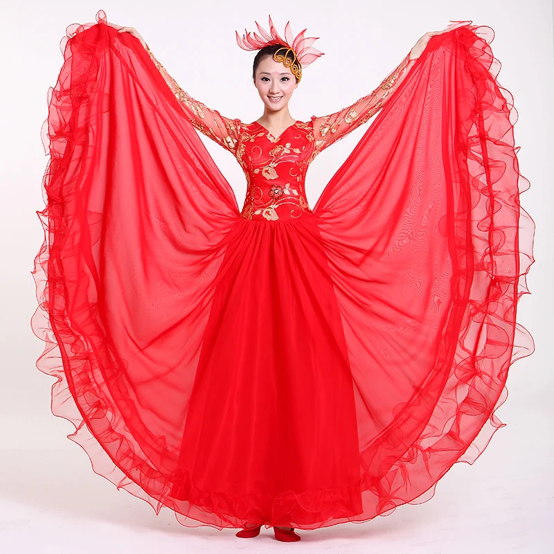 Large Dress Women Chorus Costume Lady Stage Dancing Dress with Headwear Red National Costume