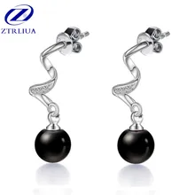 New Fashion Long Hypoallergenic 925 Sterling Silver Jewelry Simple Female Crystal Black Ball Dangle Earrings SE326