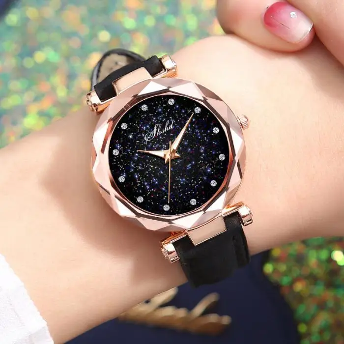 Women Quartz Watch Round Star Dial Wrist Watch with Perforated Frosted Strap GDD99