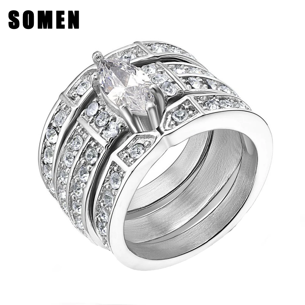 

3pcs/Set Stainless Steel Women Silver Wedding Ring Set White Cubic Zirconia Marquise Style Band anillos acero inoxidable mujer
