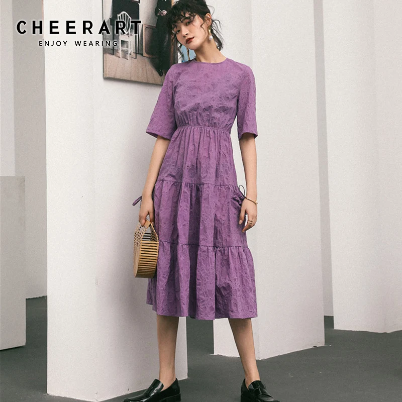 Женское платье миди Cheerart, фиолетовое платье с драпировкой и коротким рукавом, плиссированное платье средней длины, одежда для лета, 2019|Платья| | АлиЭкспресс
