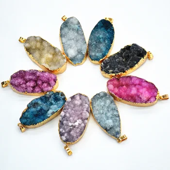 

Fashion Crystal Cluste Gold Plate Bezel Oval Nature Stone Multicolor Agates Charms Geode Pendant For Necklace 5pcs Free Shipping