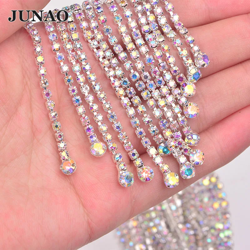 JUNAO 45cm Sewing Crystal AB Rhinestones Fringe Chain Glass Stones Tassel Metal Trim Crystal Applique Strass Tape for Dress DIY