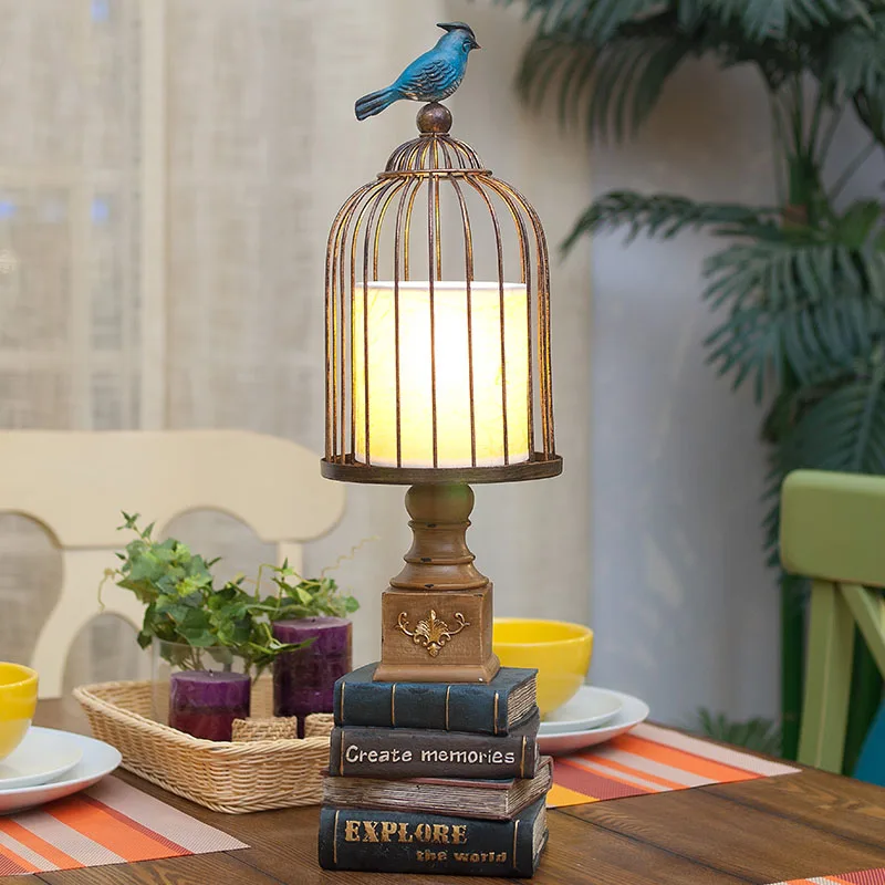 Retro Bird Standing On A Bird Cage Table Lamp Bedroom Bedside Lamp