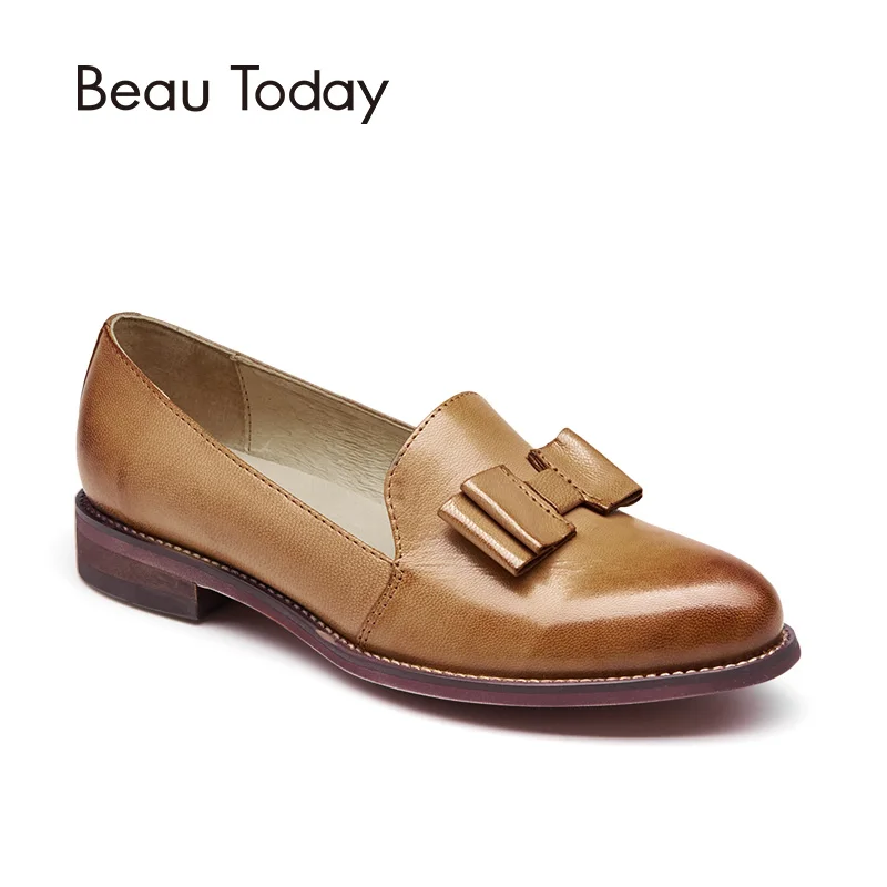 BeauToday Genuine Leather Loafers for Women Bowknot Top Brand Pointed Toe Slip On Sheepskin Flats Lady Shoes Handmade 27046