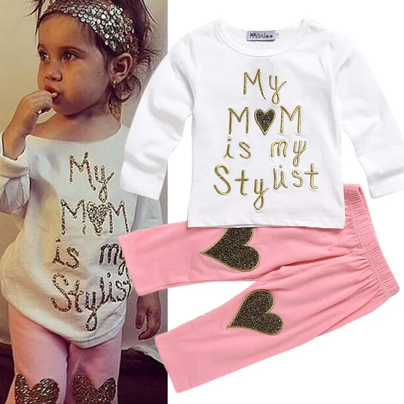 

2017 Cute Toddler Girls Heart Pattern Clothing Sets Baby Heart Shirt + Long Pant Kids 2 Pcs Set