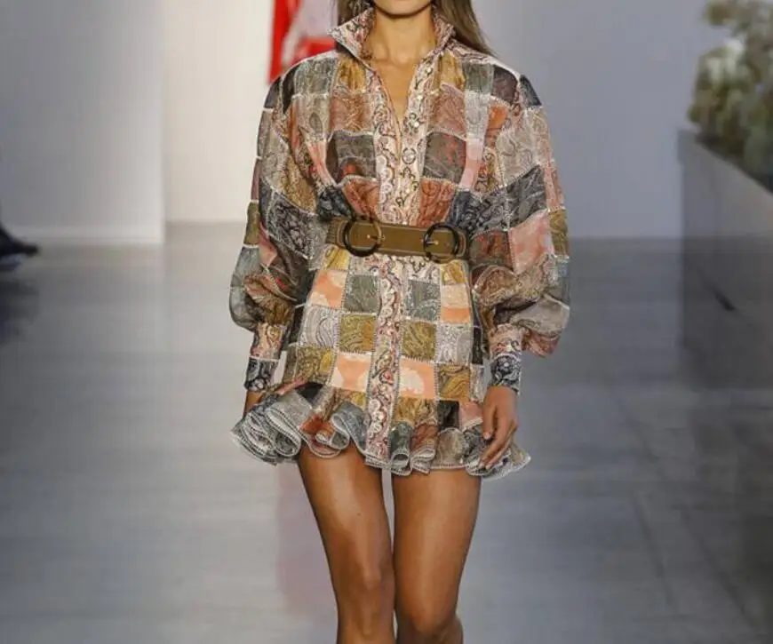 

Women Bodycon Vintage Dress High Quality Sexy Long Lantern Sleeve Stand Mini Print Celebrity Elegant Fashion Party Dresses