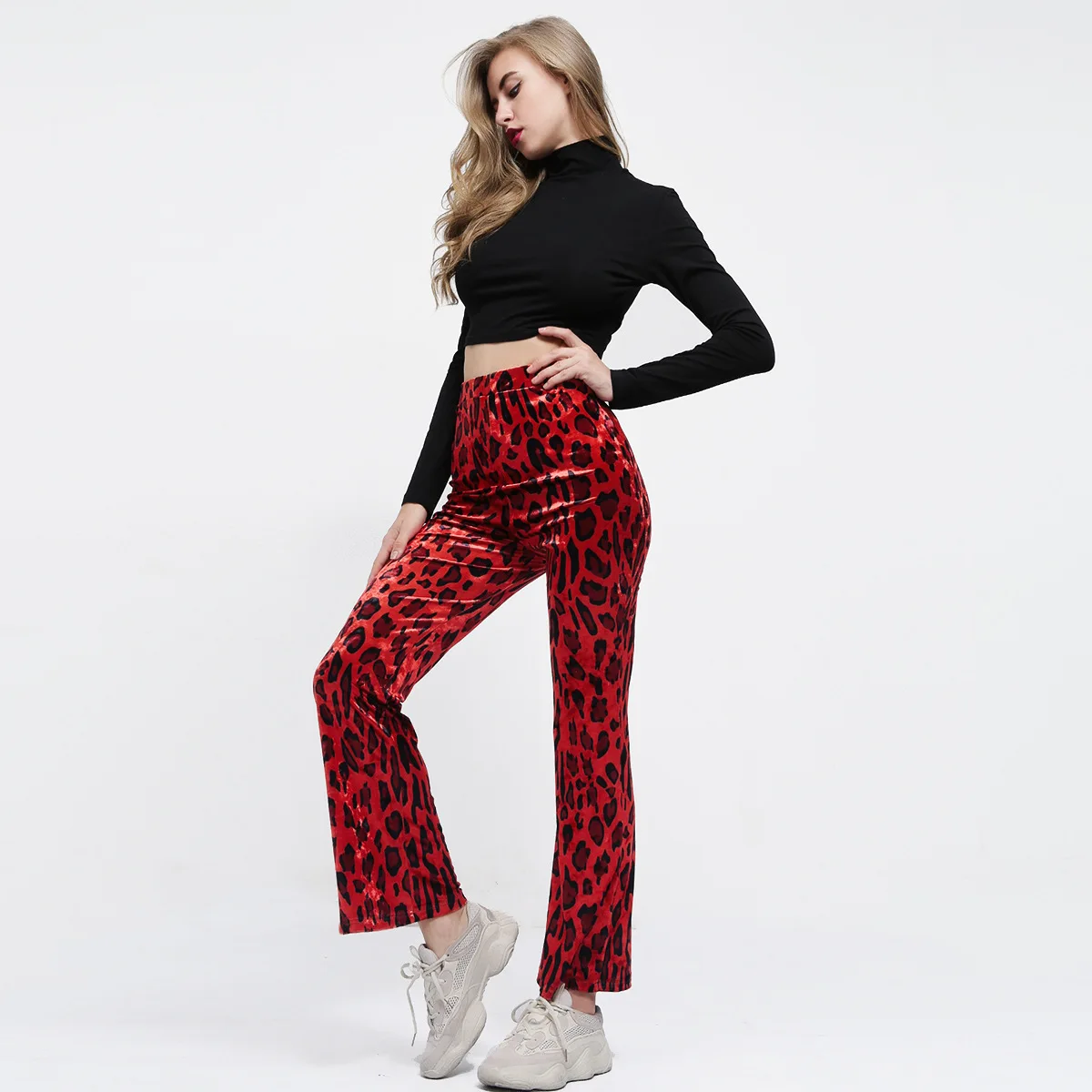 Новые осенние женские расклешенные брюки леопардовые расклешенные брюки с высокой талией красные брюки Полная длина Сексуальная уличная одежда женские обтягивающие брюки
